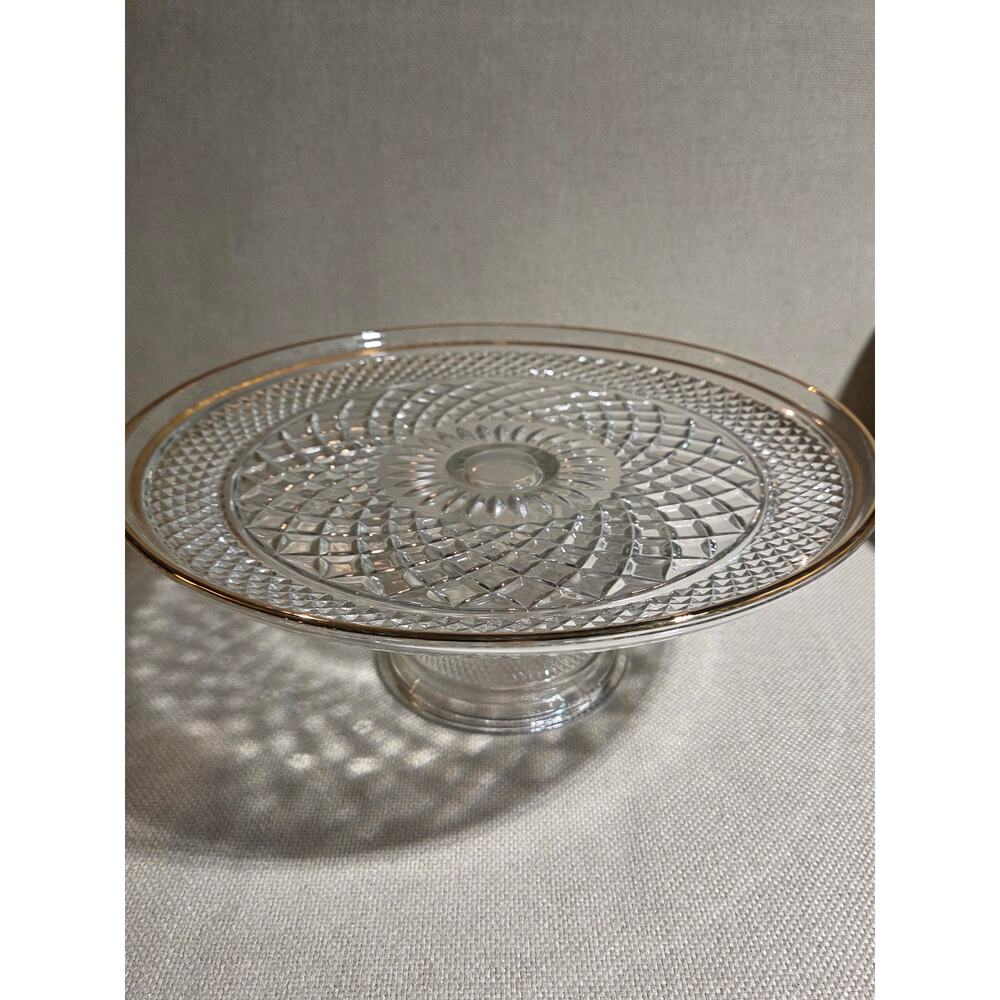 Vintage Anchor Hocking Wexford 12" Cake Stand Gold Trim WITH BOX